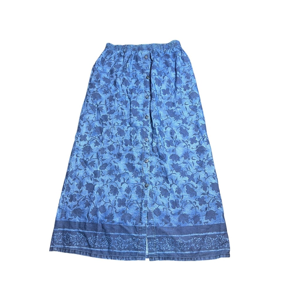 New‎ Look Blue Denim Floral Maxi Skirt Button Front Elastic Waist Medium